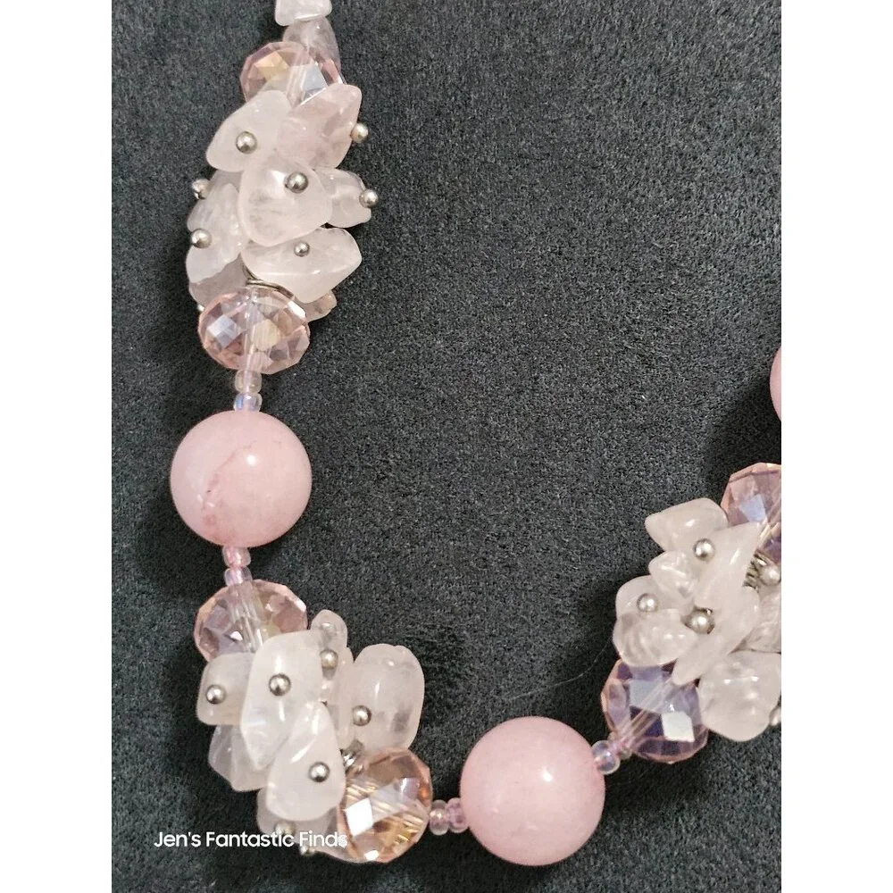 Rose Quartz Crystal Necklace &‎ Earrings Set With Silver Chain & Clasp